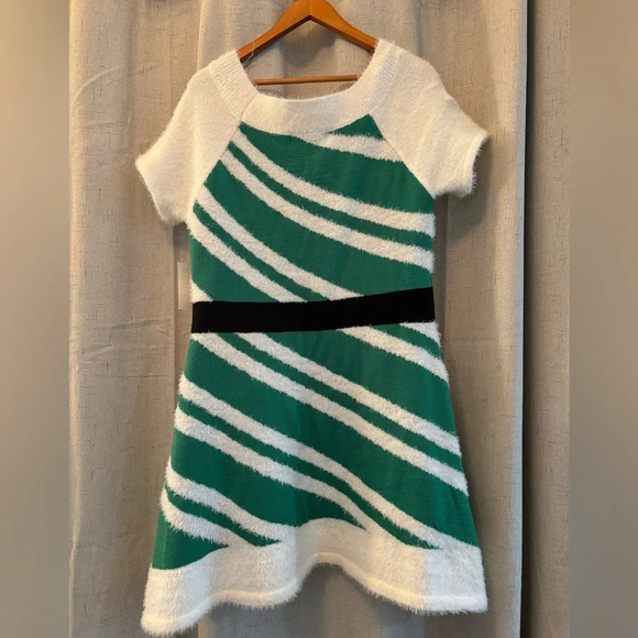 33 Degrees Elf Sweater Dress size L. Green and White Stripes with Red Bow - Picture 4 of 6